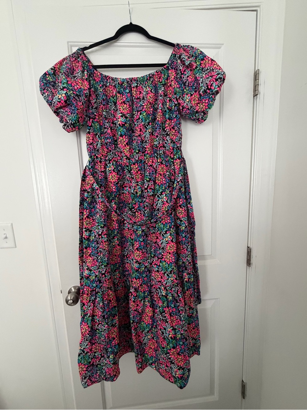 Lilly Pulitzer Black Floral Off-Shoulder Dress with Neon Accents